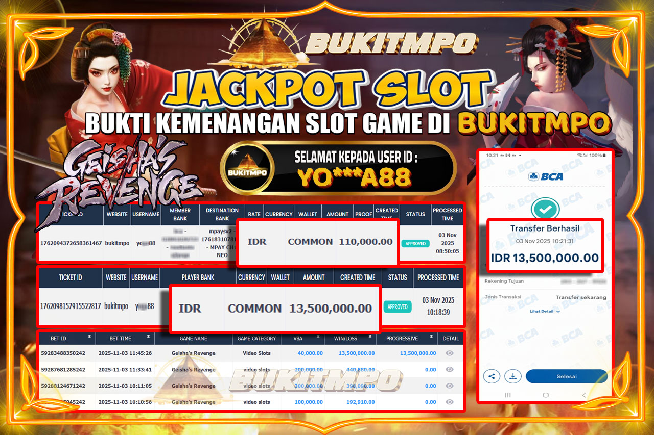 BUKITMPO JACKPOT GEISHA'S REVENGE 2 Rp.13.500.000,- LUNAS